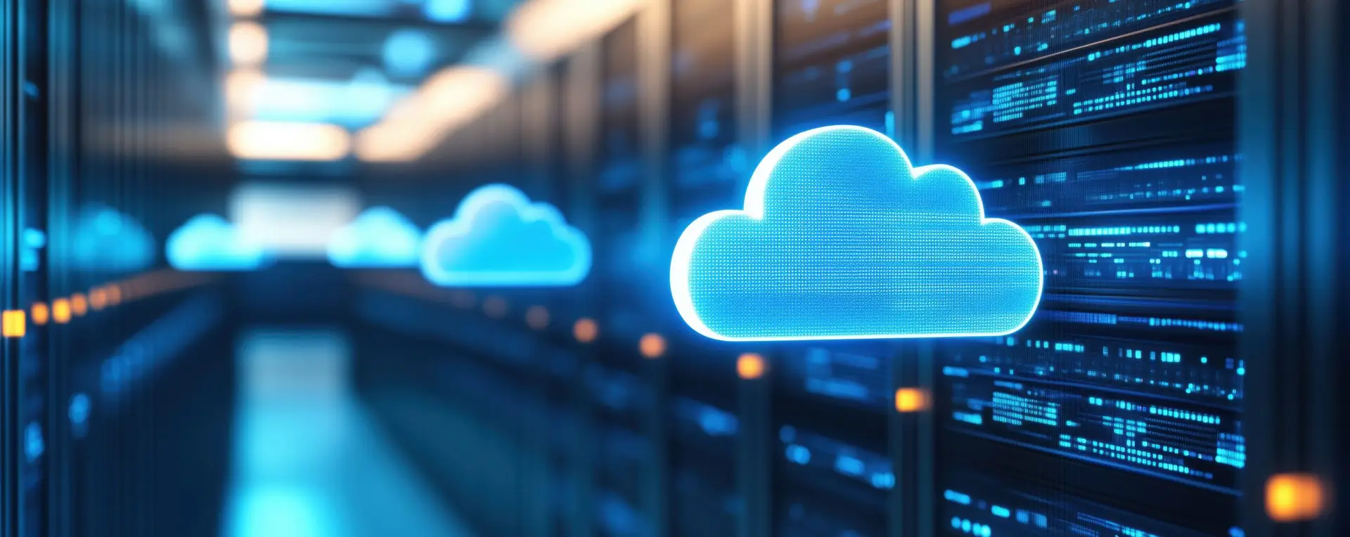 Futuristic data center with glowing cloud icons showcasing modern digital infrastructure and cloud technology