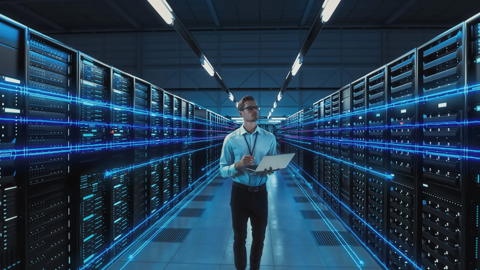 Data center CTO holding laptop with futuristic digitalization lines and cloud computing visualization