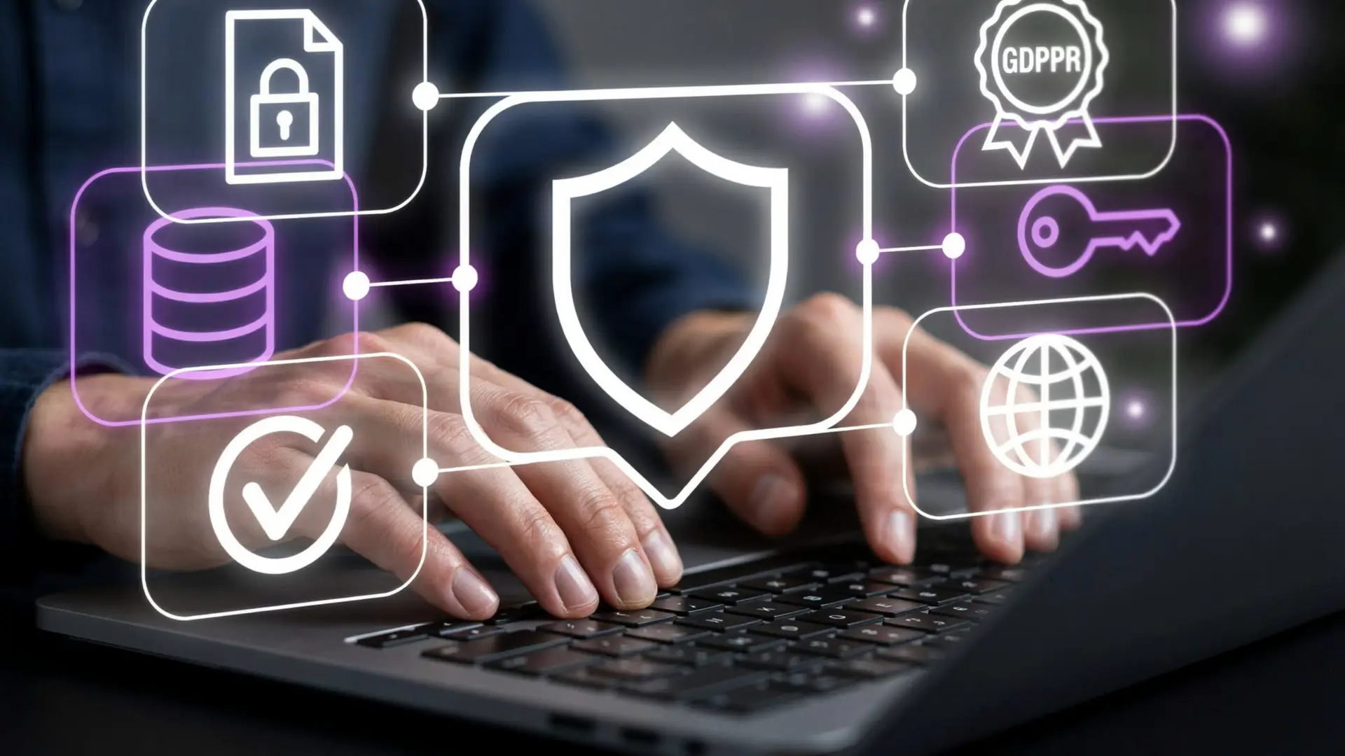 Close-up of a person's hands typing on a laptop keyboard, overlaid with glowing digital icons representing data security, including a central shield, a locked document, a GDPR compliance badge, an encryption key, and a database symbol.