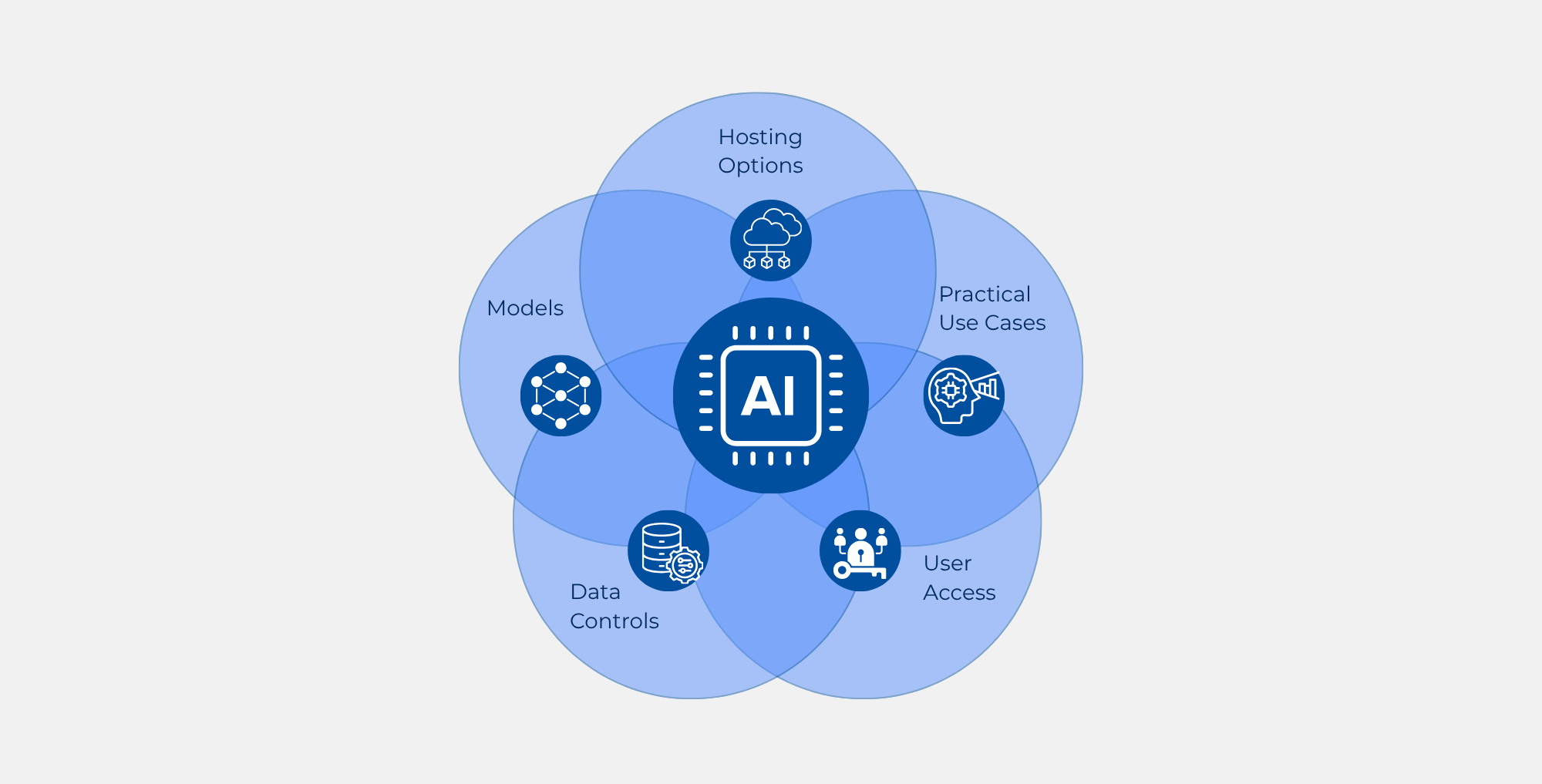 AI implementation framework: Hosting, Use Cases, Data Controls, Models, User Access, and AI integration