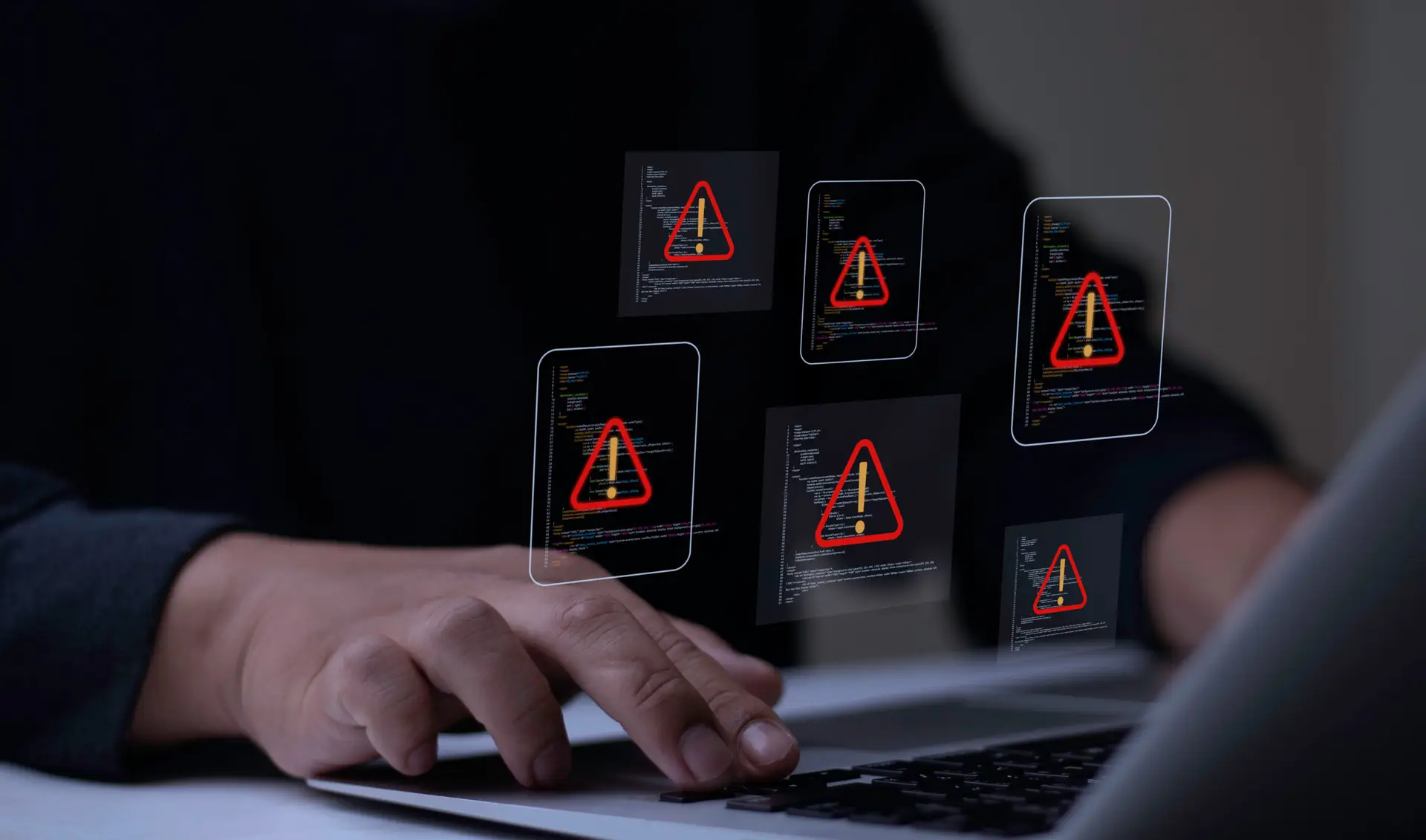 Close-up of a person's hands typing on a laptop keyboard in a dark setting, with multiple floating digital windows displaying code and bright red triangle warning signs.